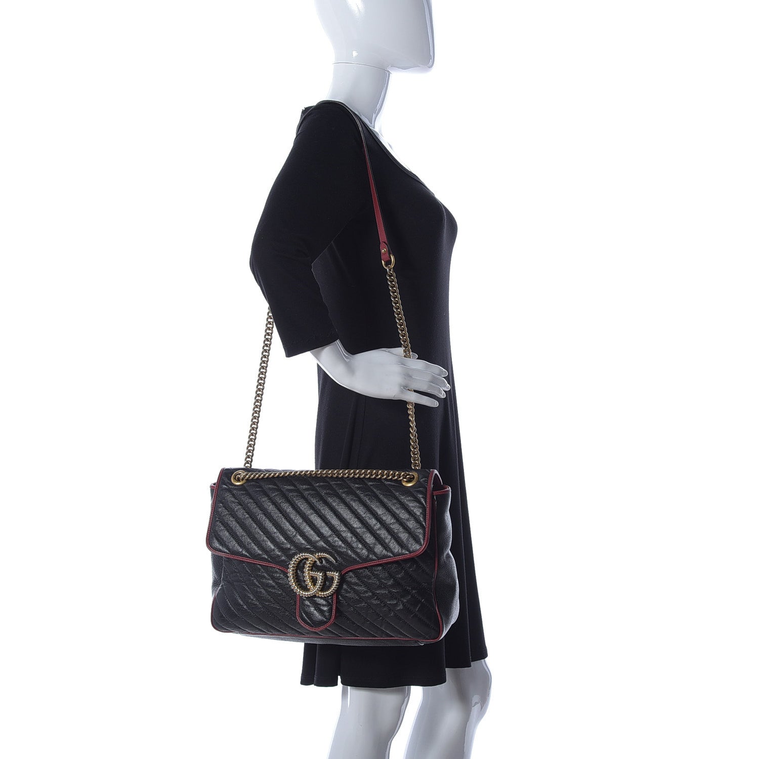 Gucci Vintage Effect Calfskin Matelasse Diagonal Large Torchon GG Marmont Shoulder Bag Black Romantic Cherry 3 of 9