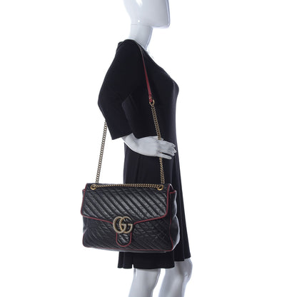 Gucci Vintage Effect Calfskin Matelasse Diagonal Large Torchon GG Marmont Shoulder Bag Black Romantic Cherry 3 of 9