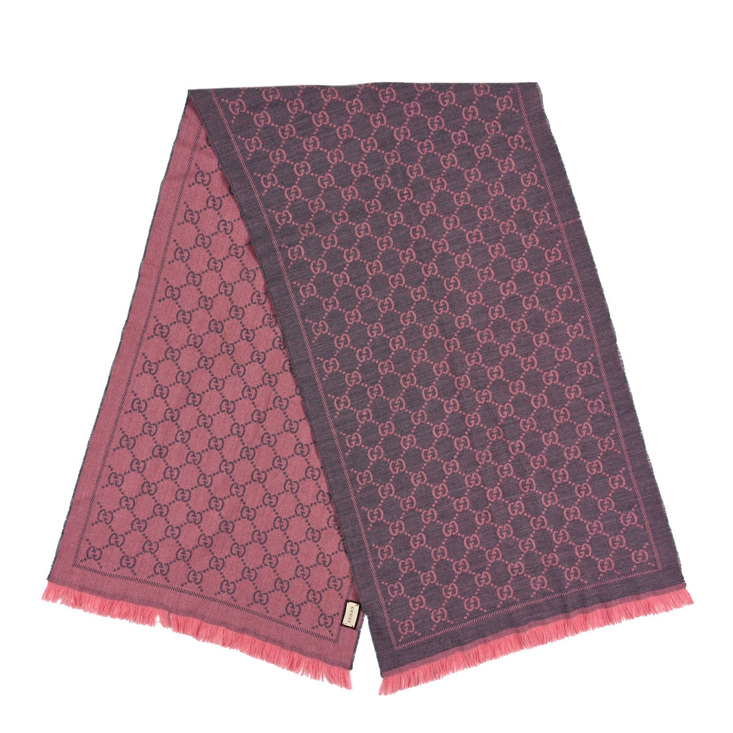 Gucci Wool Jacquard GG Monogram Sten Fringe Scarf Graphite Pink 2 of 3