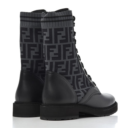 Fendi Calfskin Stretch Fabric FF Rockoko Biker Boots 40 Black Charcoal 4 of 8