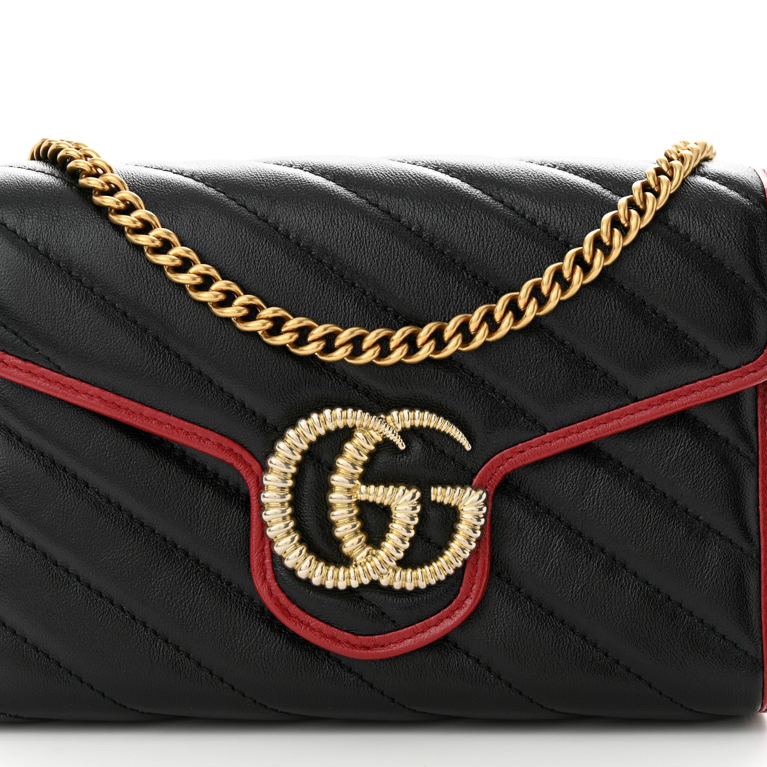 Gucci Vintage Effect Calfskin Matelasse Diagonal Torchon GG Marmont Chain Wallet Black Romantic Cherry 7 of 11
