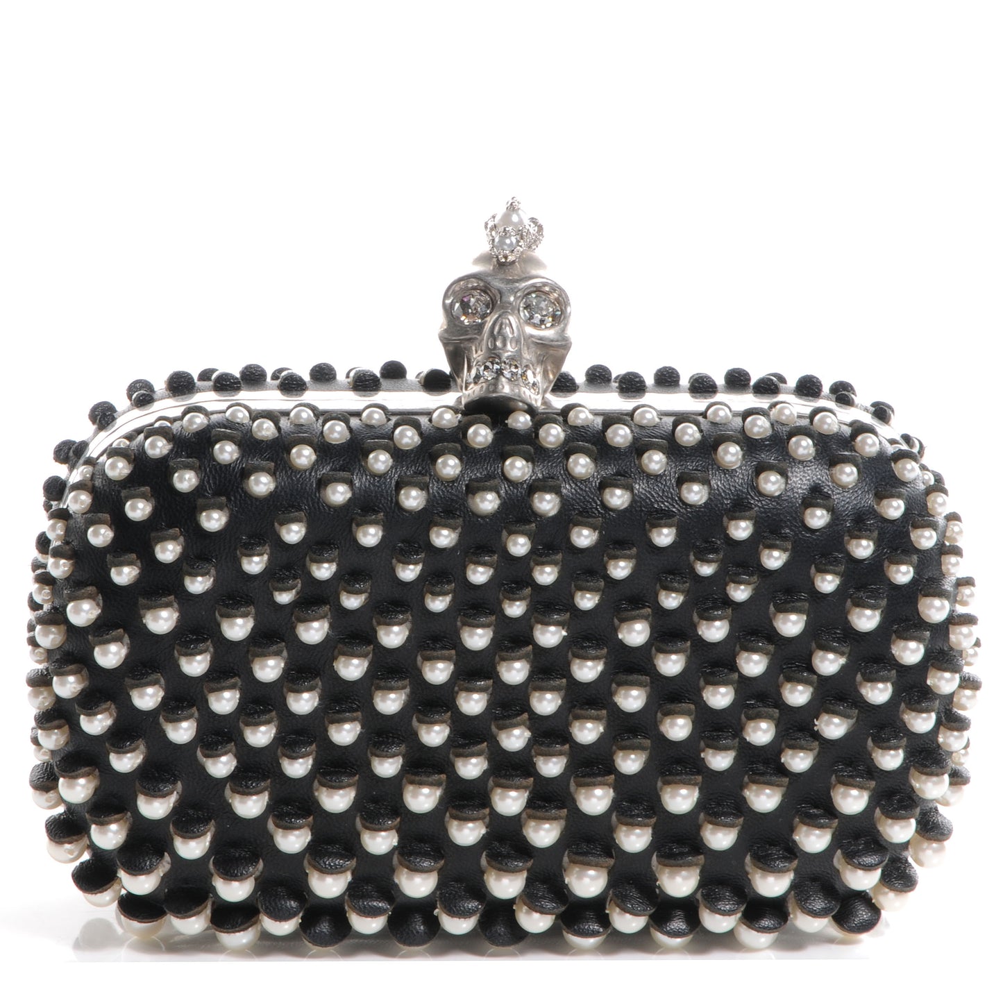 Pearl Embellished Calfskin Skull Box Clutch Black