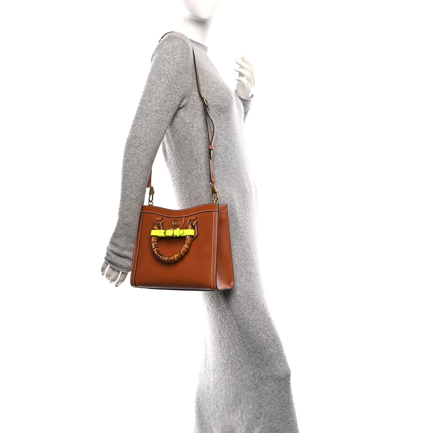 Gucci Calfskin Web Small Diana Tote Bag Cuir Yellow Fluo 2 of 10