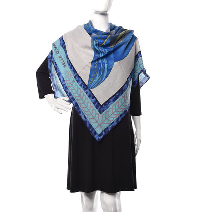 Hermes Cashmere Silk Selle d'Officier En Grande Tenue Shawl 140 Gris Chine Bleu Khaki 2 of 5