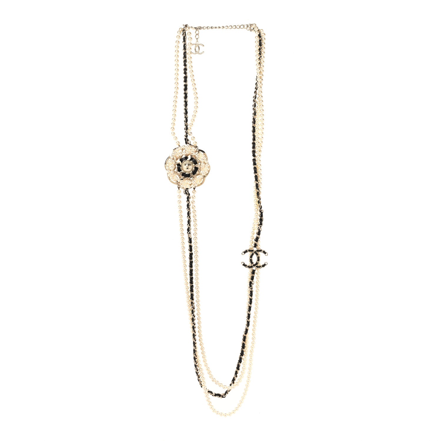 Chanel Pearl Lambskin CC Camellia Multi Strand Necklace Black Gold 3 of 5