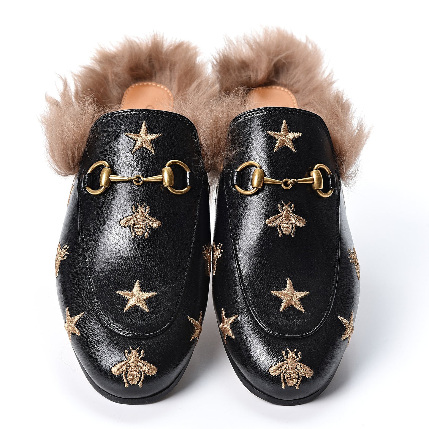 Goatskin Fur Bee Star Embroidered Womens Princetown Slippers 36 Black