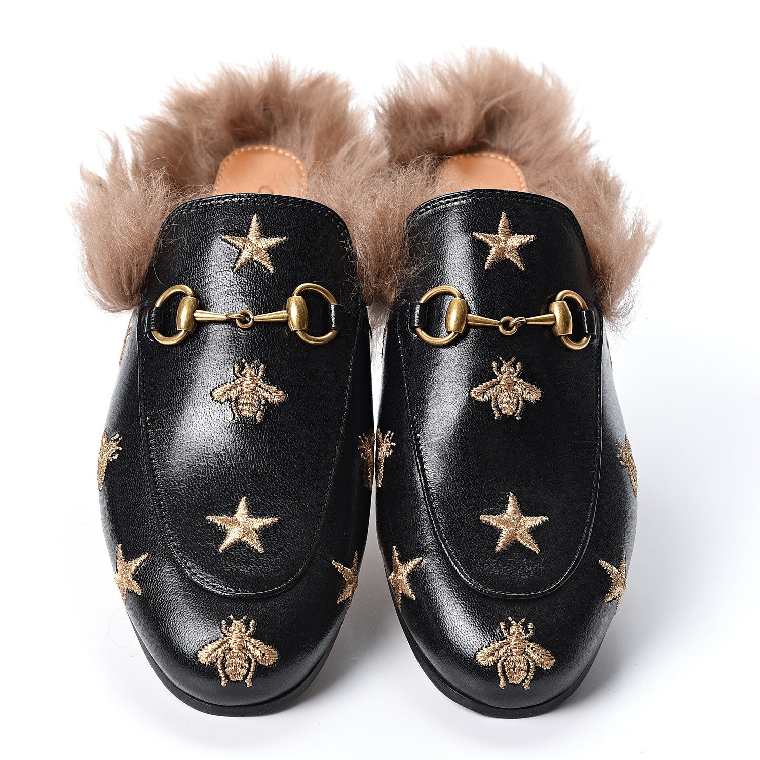 Gucci Goatskin Fur Bee Star Embroidered Womens Princetown Slippers 36 Black 6 of 10