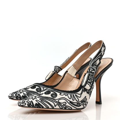 Christian Dior Canvas Embroidered Ornamental Cornely Ribbon J'Adior Slingback 100mm Pumps 36 Black White 3 of 7