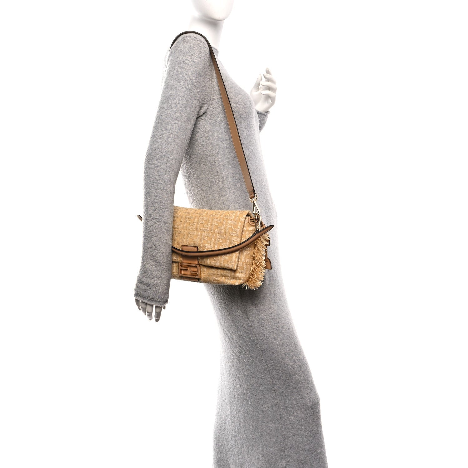 Fendi Fabric Jacquard Raffia Straw Fringe Medium Mamma Baguette Beige 3 of 19