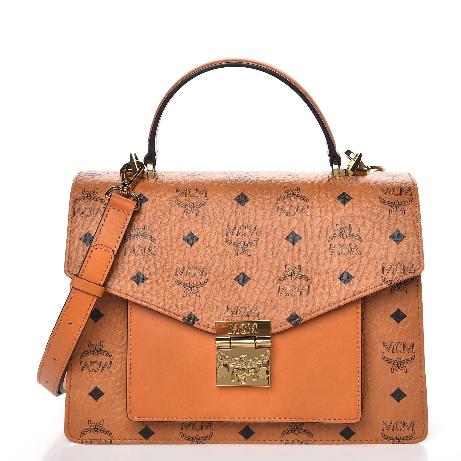 MCM Visetos Medium Patricia Pocket Satchel Cognac 1 of 10