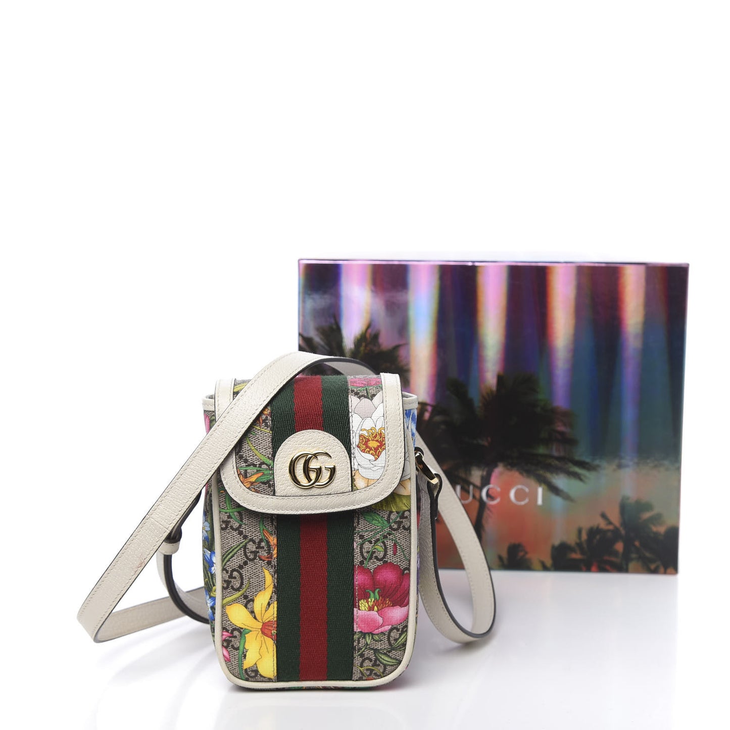 GG Supreme Monogram Flora Web Ophidia Phone Crossbody Bag White