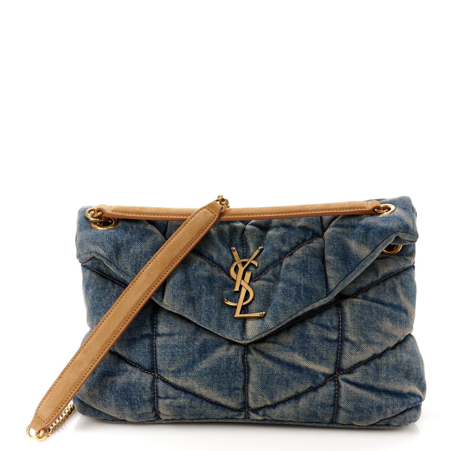 Saint Laurent Denim Quilted Small Loulou Puffer Monogram Chain Satchel Blue Cinnamon 1 of 10
