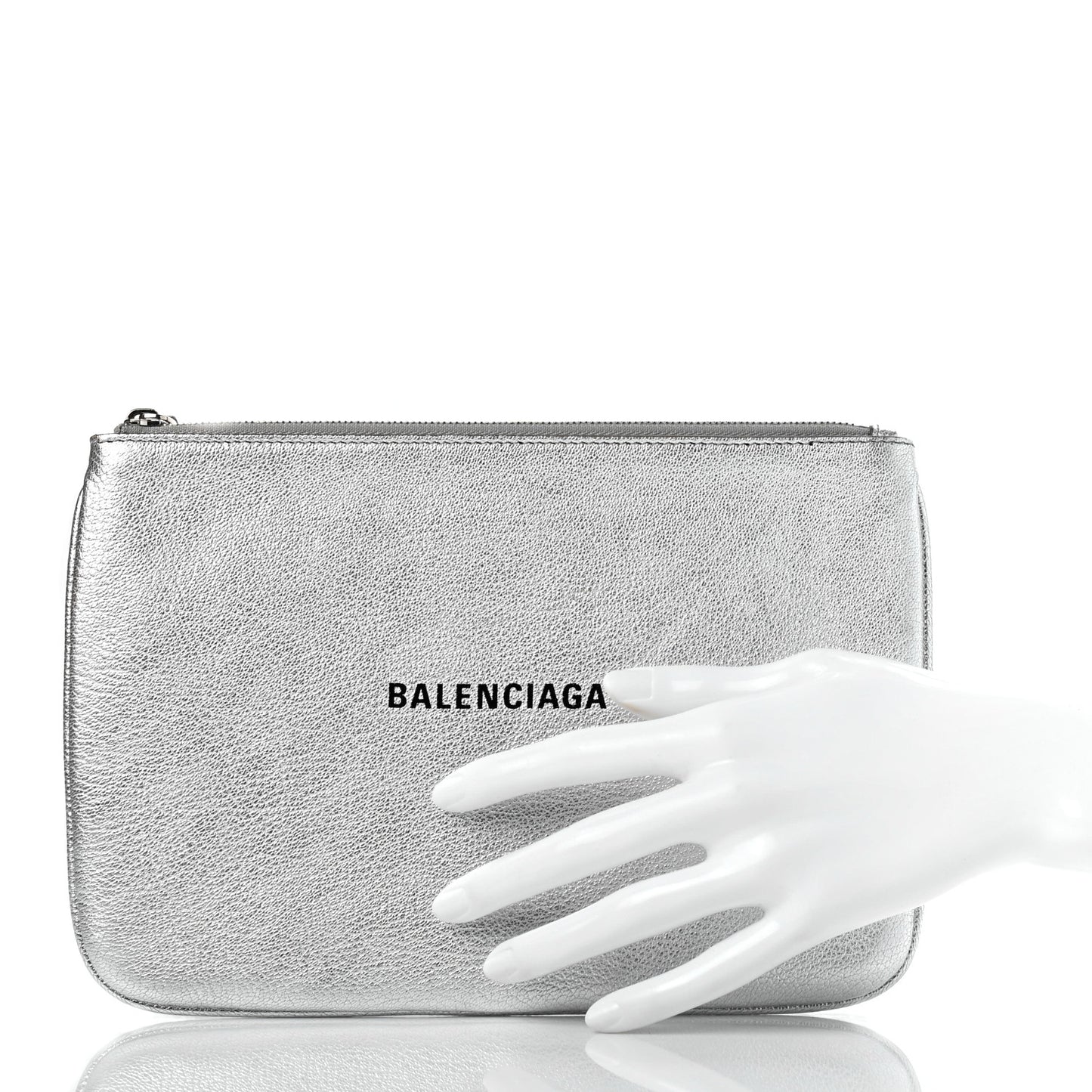 Metallic Goatskin Logo Large Everyday Zip Pouch Argent Black