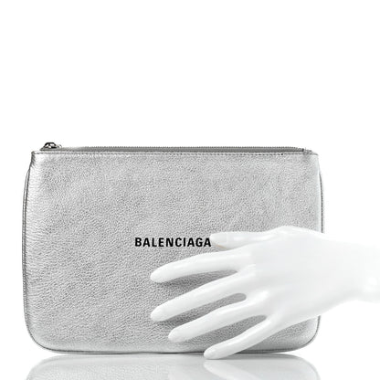 Balenciaga Metallic Goatskin Logo Large Everyday Zip Pouch Argent Black 2 of 9