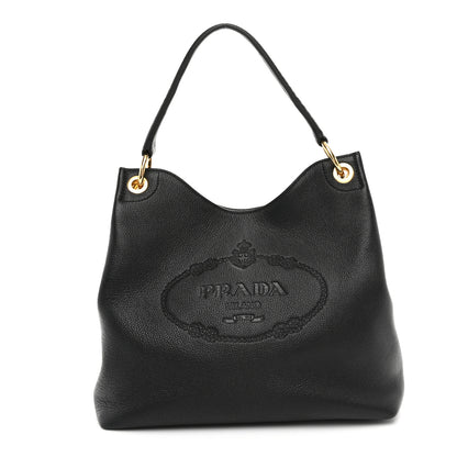 Prada Vitello Phenix Embossed Logo Hobo Black 1 of 10