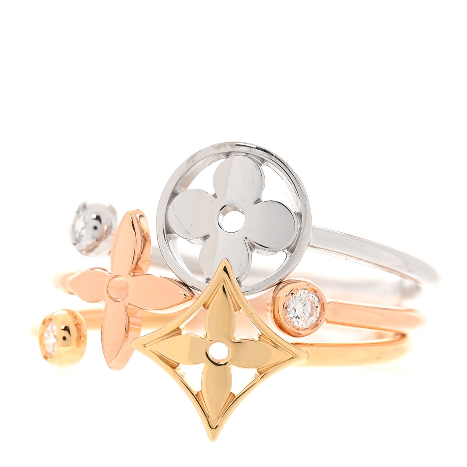 Louis Vuitton 18K Yellow Pink White Gold Diamond Idylle Blossom Ring 3 Set 57 8 1 of 5