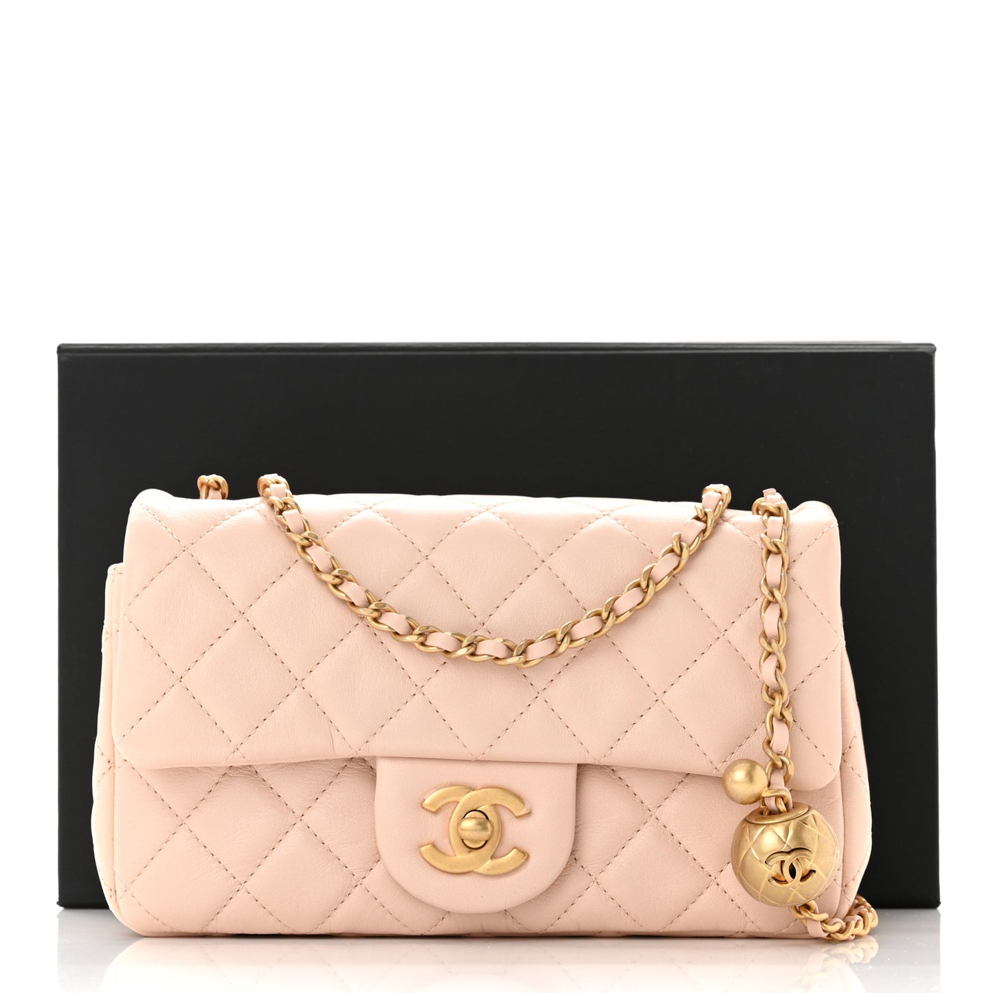 Lambskin Quilted Mini Pearl Crush Rectangular Flap Light Beige