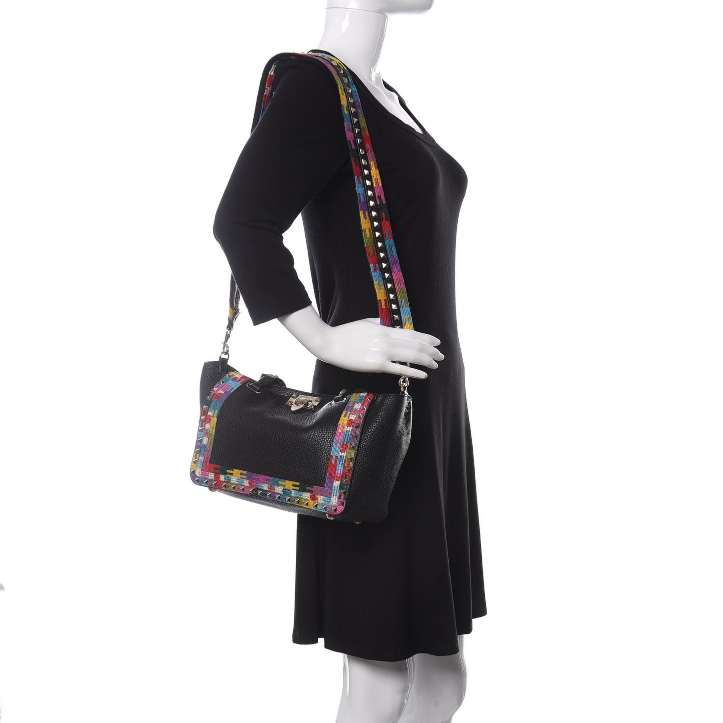 Grained Calfskin Embroidered Small Rockstud Rolling Tote Black