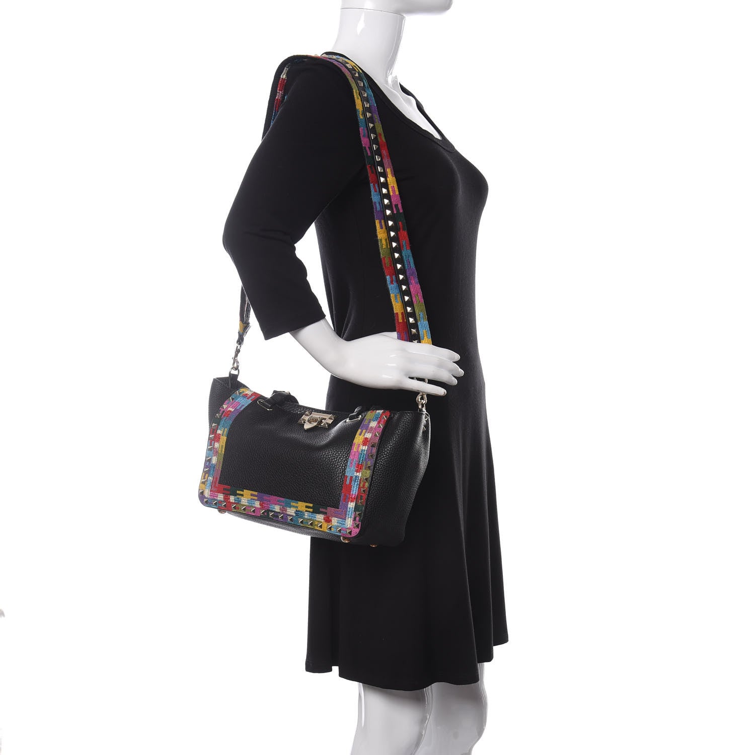 Valentino Garavani Grained Calfskin Embroidered Small Rockstud Rolling Tote Black 3 of 11