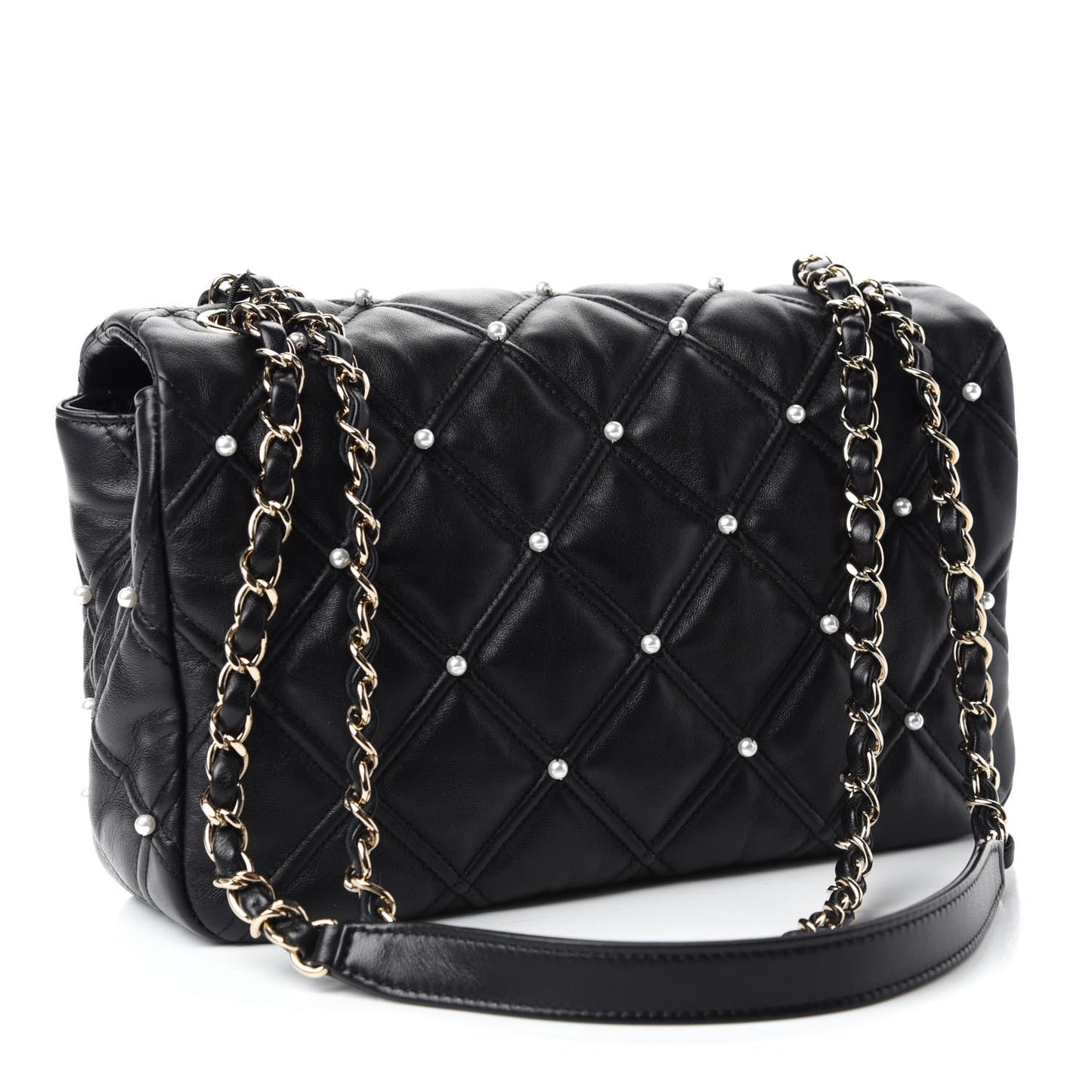 Lambskin Quilted Pearl Studded Flap Black