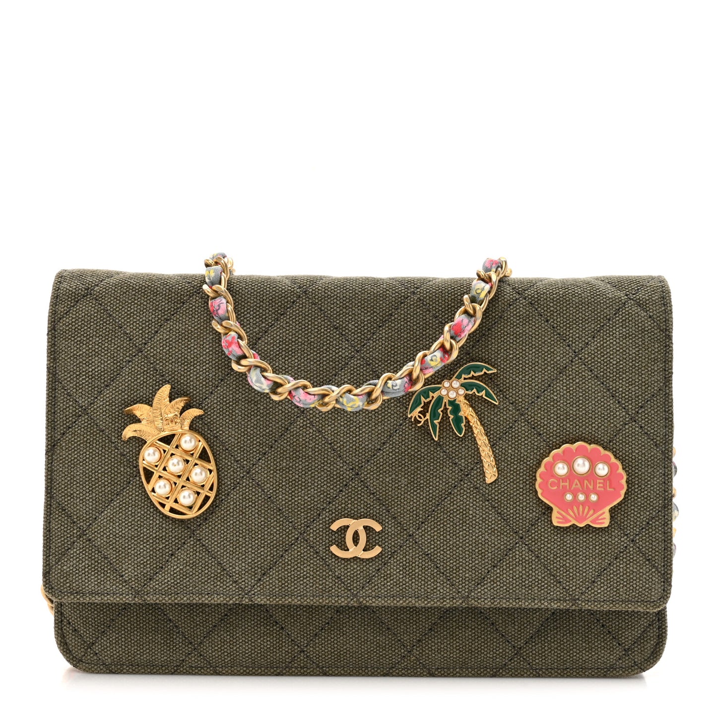 Canvas Quilted Coco Cuba Charms Wallet on Chain WOC Khaki
