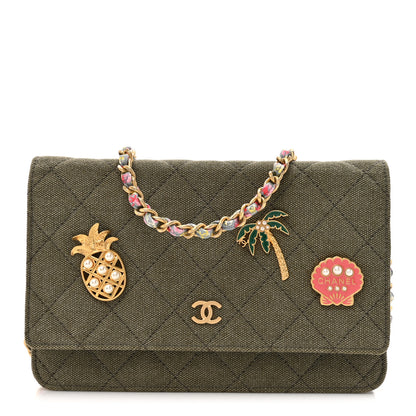 Chanel Canvas Quilted Coco Cuba Charms Wallet on Chain WOC Khaki 1 of 10