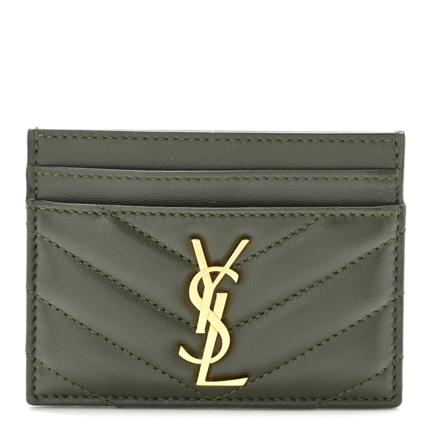 Saint Laurent Lambskin Matelasse Chevron Monogram Credit Card Case Olive Wood 1 of 6