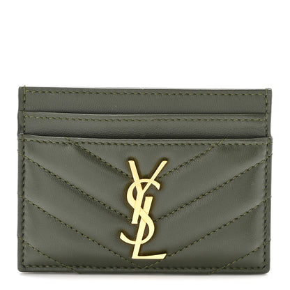 Saint Laurent Lambskin Matelasse Chevron Monogram Credit Card Case Olive Wood 1 of 6