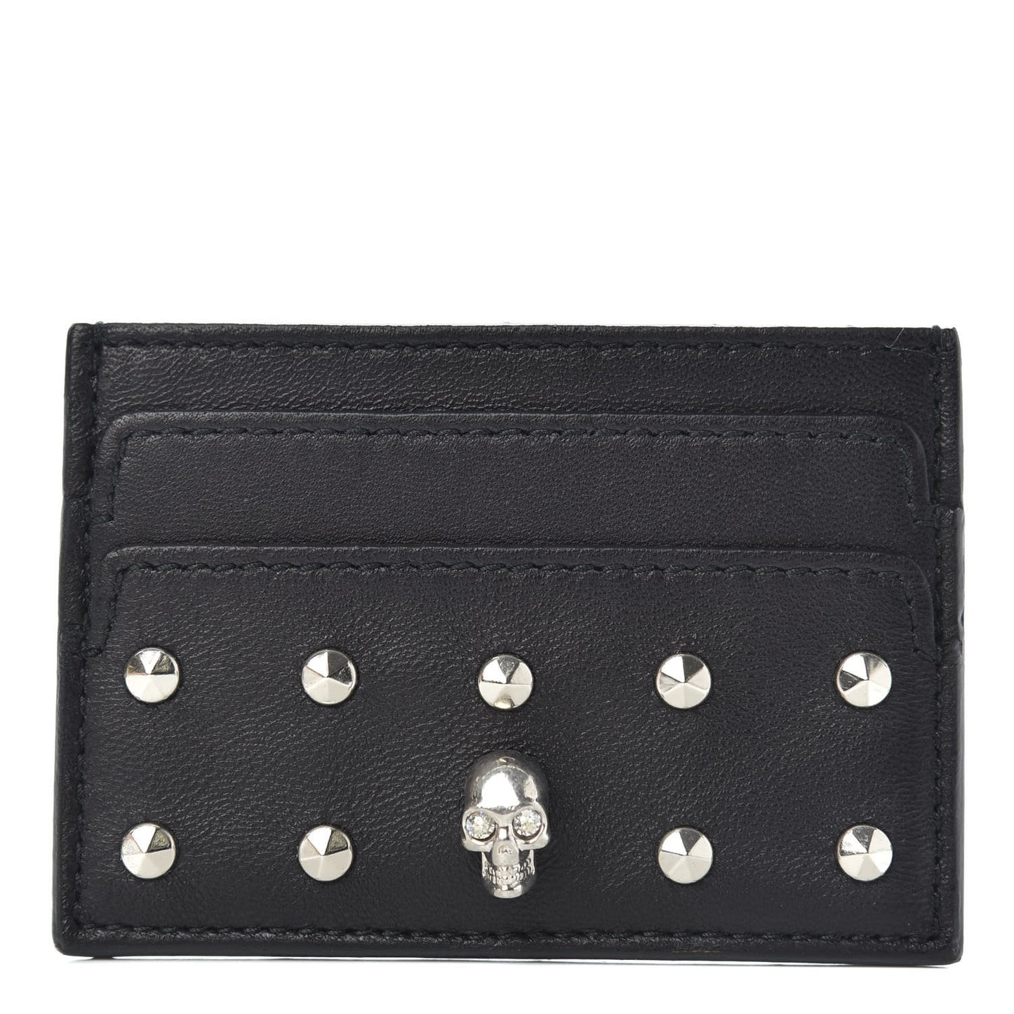 Calfskin Studded Skull Card Holder Black