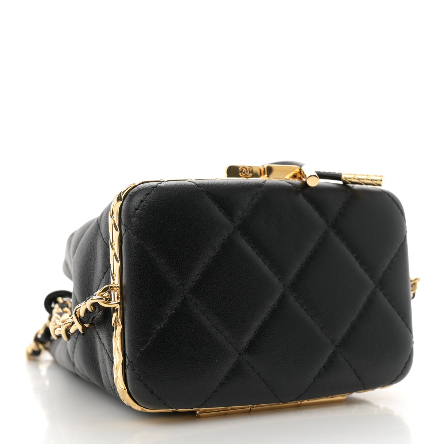 Metal Lambskin Quilted Small Chain Bucket Bag Black