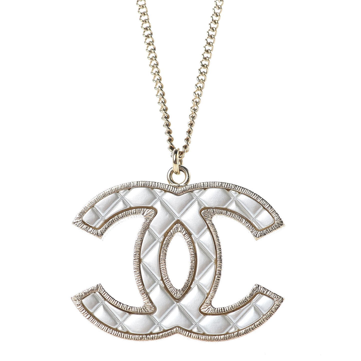 Metal Quilted CC Pendant Necklace Gold White