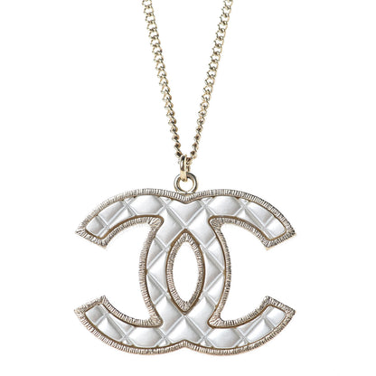 Chanel Metal Quilted CC Pendant Necklace Gold White 4 of 6