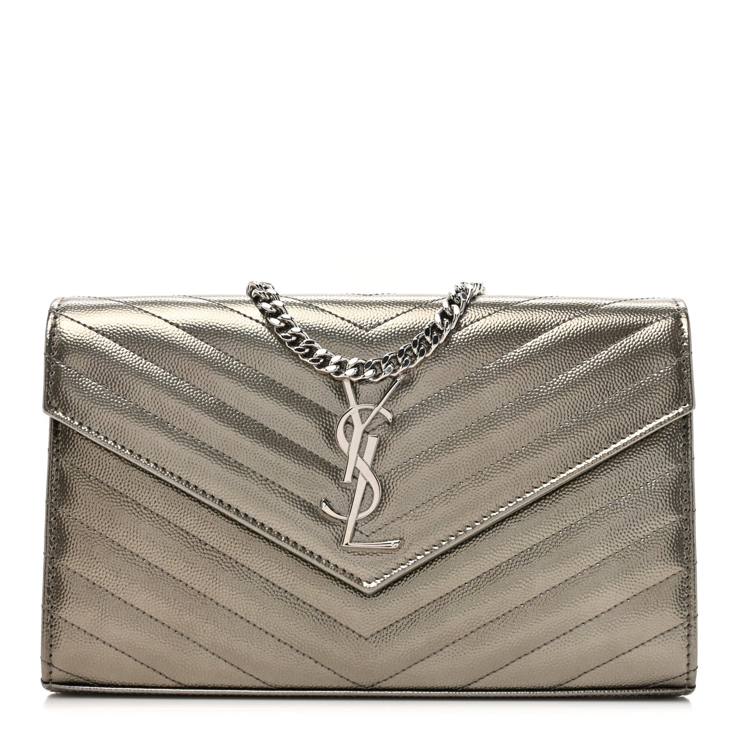 Metallic Grain De Poudre Matelasse Chevron Monogram Chain Wallet Piombo