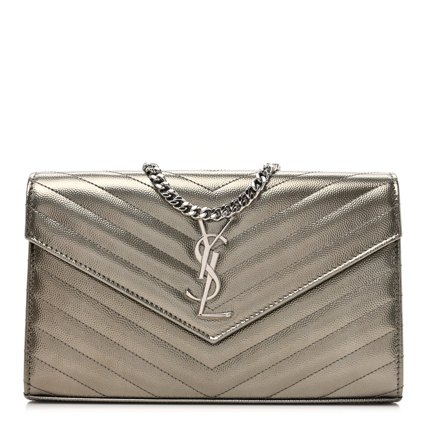Saint Laurent Metallic Grain De Poudre Matelasse Chevron Monogram Chain Wallet Piombo 1 of 12