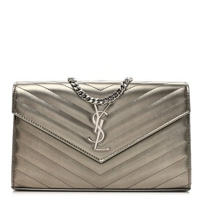 Saint Laurent Metallic Grain De Poudre Matelasse Chevron Monogram Chain Wallet Piombo 1 of 12