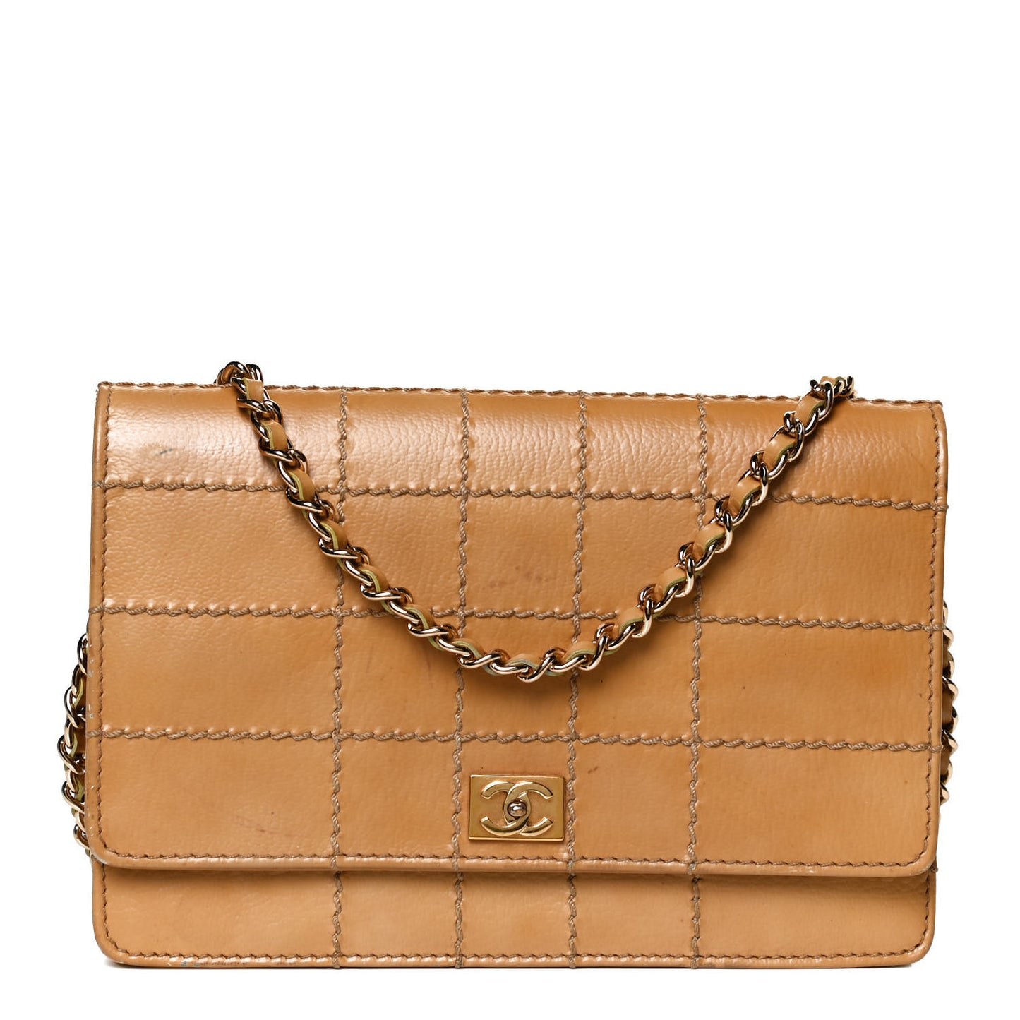 Calfskin Square Stitched Wallet On Chain WOC Beige