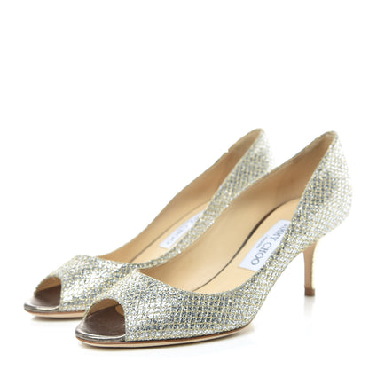 Jimmy Choo Glitter Fabric Evelyn Peep Toe Pumps 36 Champagne 3 of 9