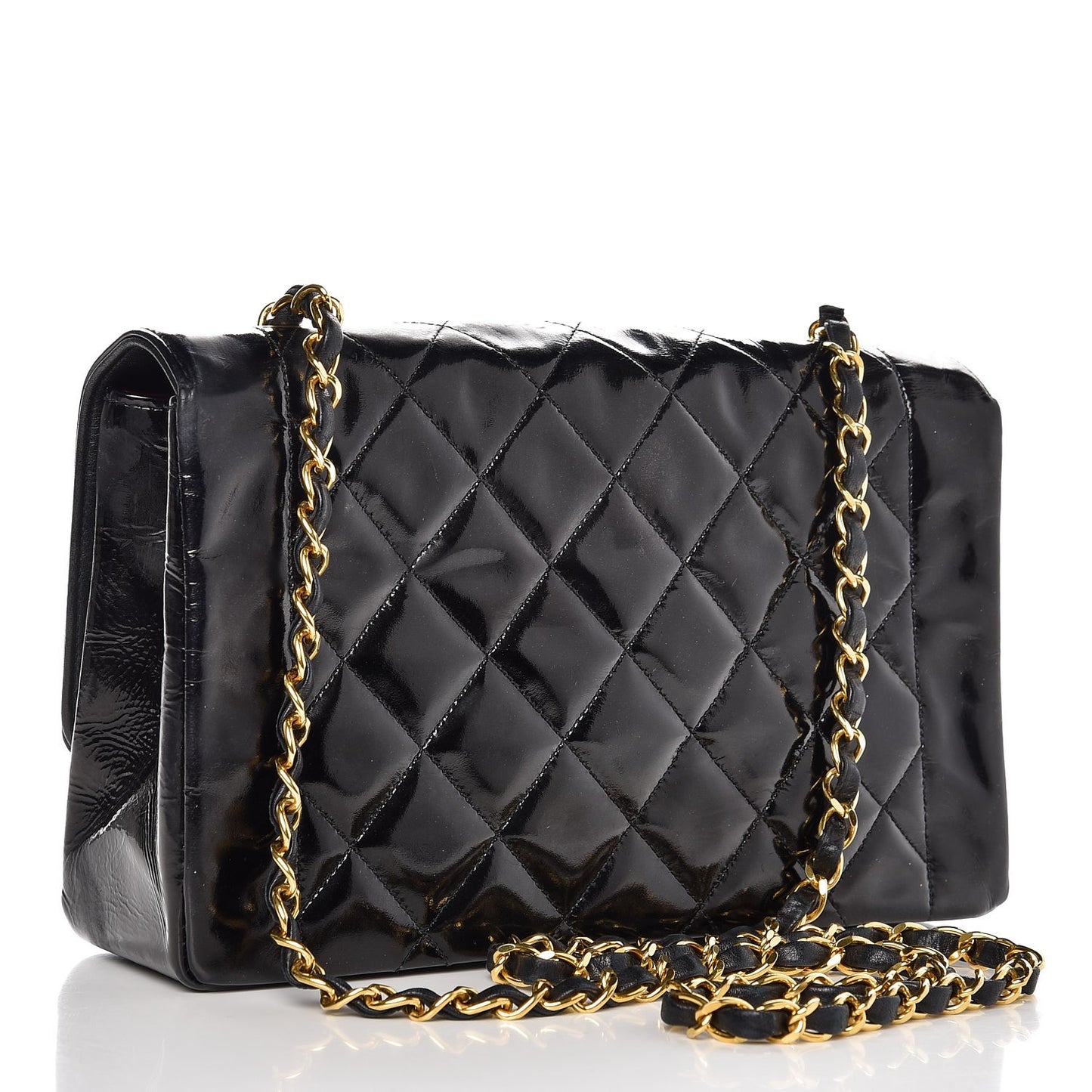 Patent Quilted Medium Single Flap Bag Black