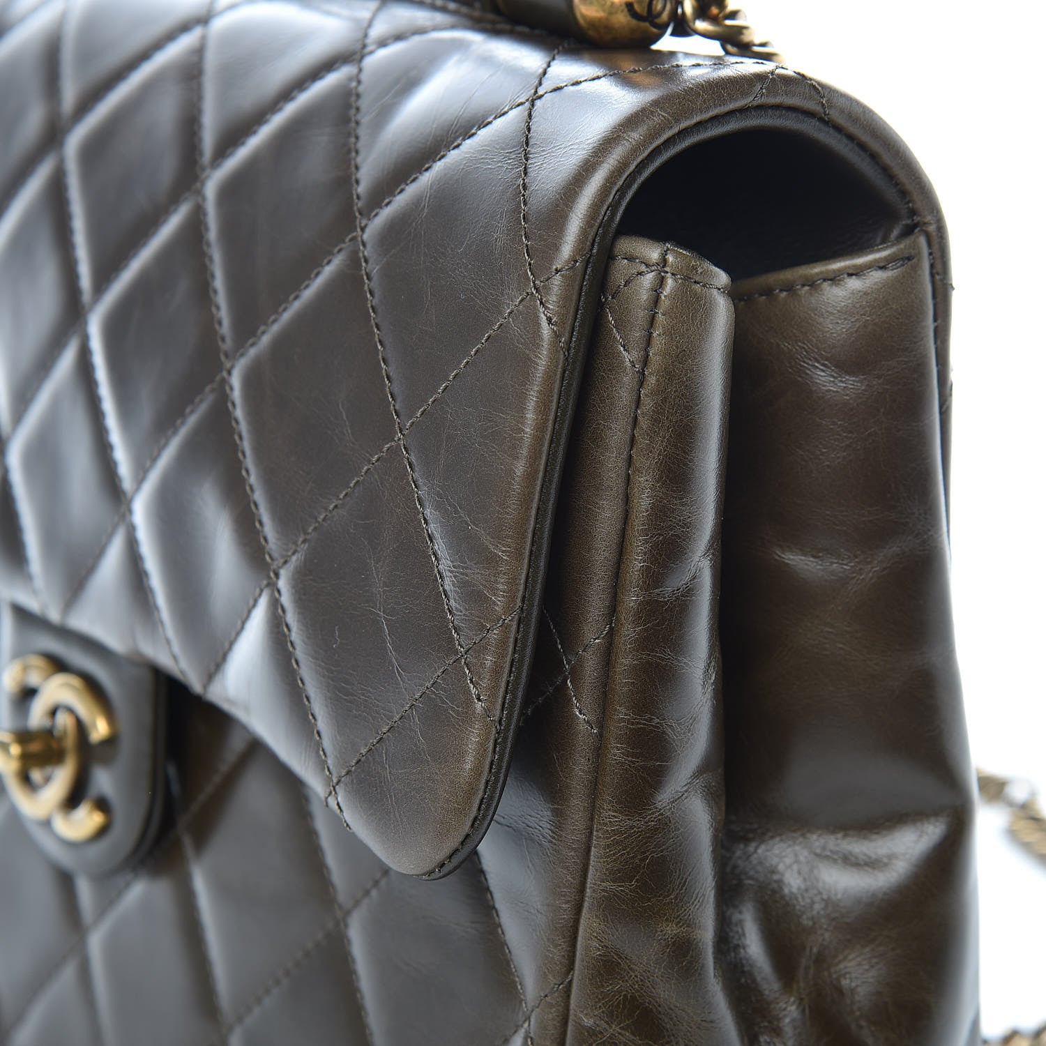 Chanel Calfskin Quilted Medium Gold Bar Top Handle Flap Dark Khaki 15 of 22