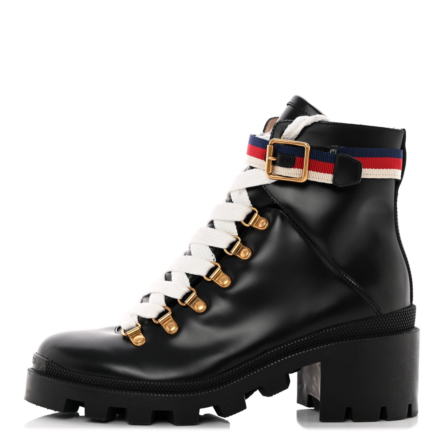 Gucci Calfskin Sylvie Web Womens Lace Up Combat Boots 38 Black 1 of 19