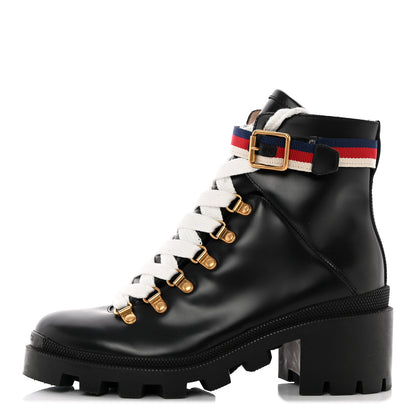 Gucci Calfskin Sylvie Web Womens Lace Up Combat Boots 38 Black 1 of 19
