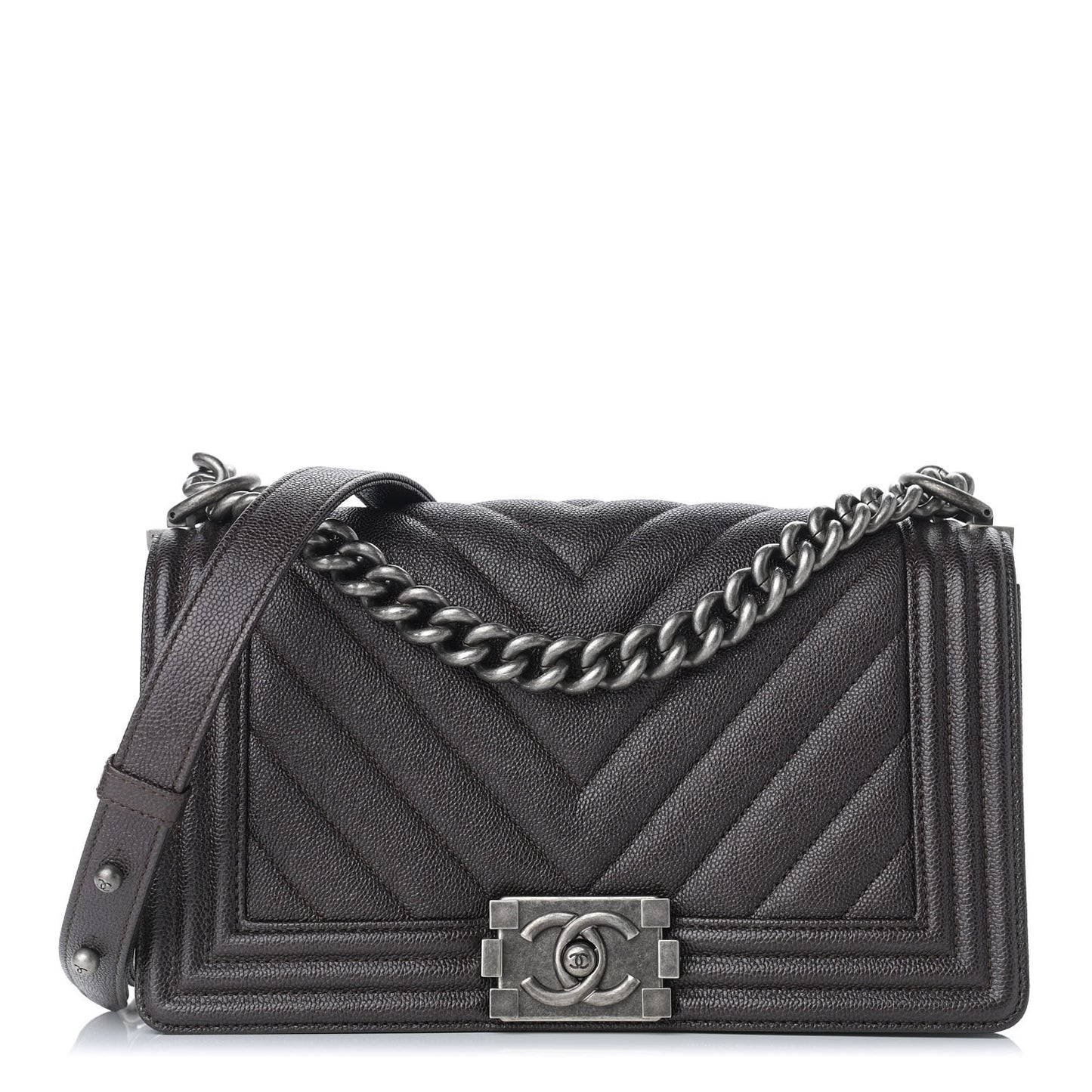 Caviar Chevron Quilted Medium Boy Flap Dark Brown