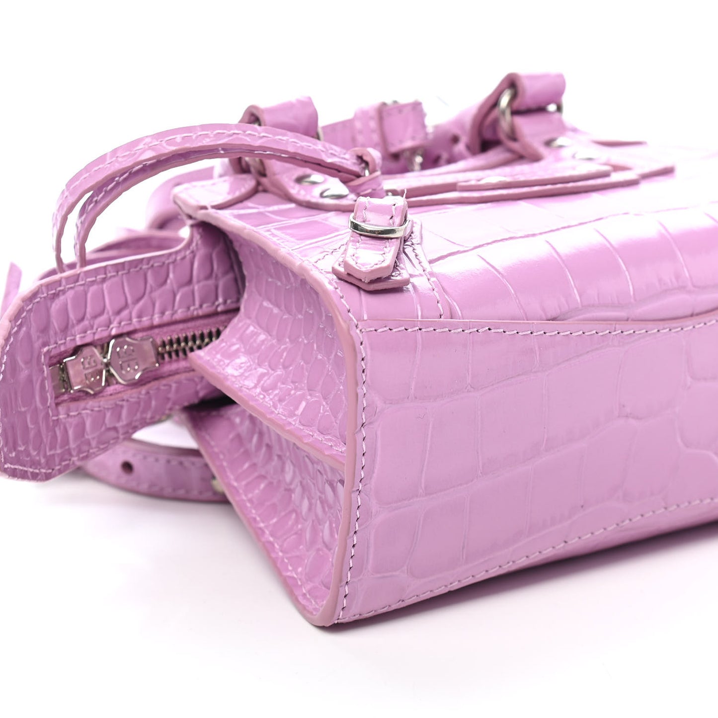 Calfskin Crocodile Embossed Neo Classic Silver Hardware Nano City Crossbody Lilac