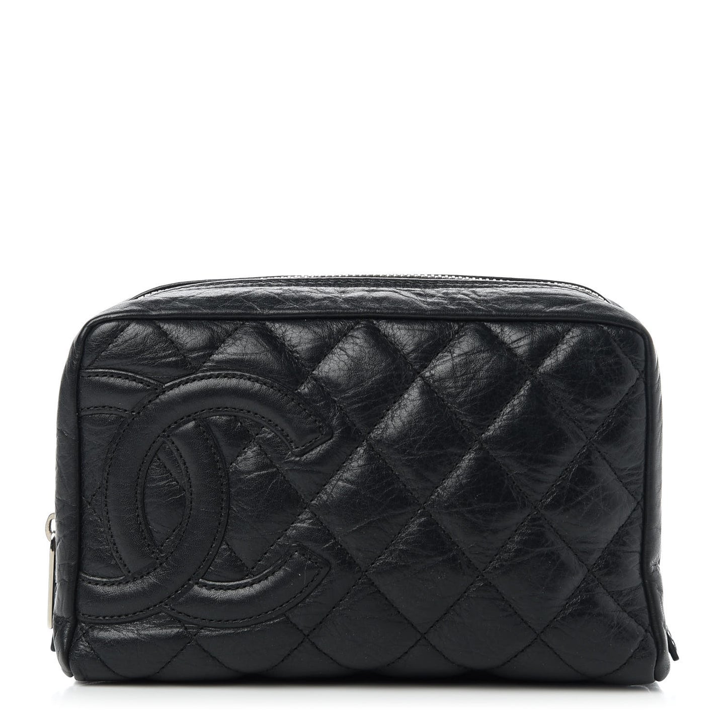 Aged Calfskin Quilted Cambon Cosmetic Case Black