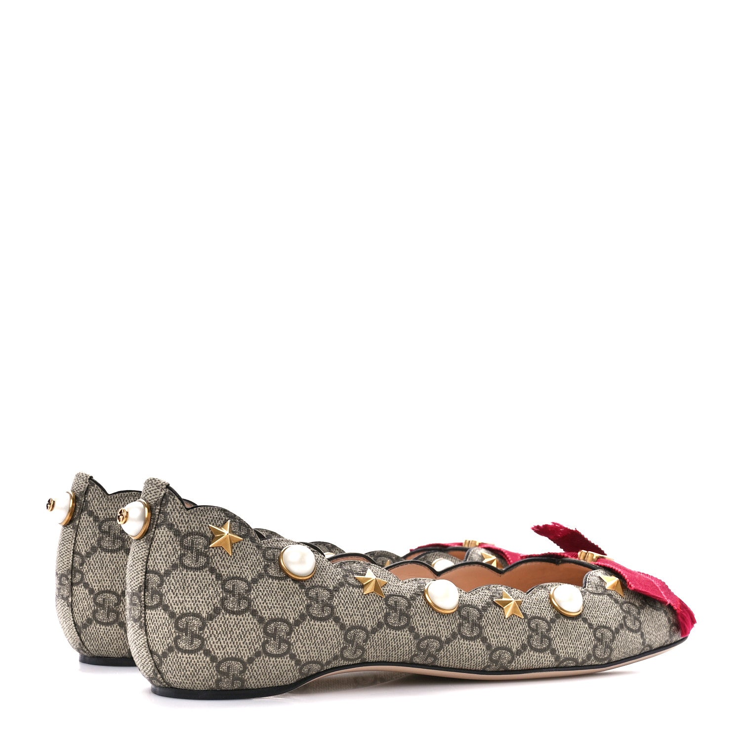 Gucci Monogram G Pearl Scalloped Flats 39 Beige Red 4 of 10