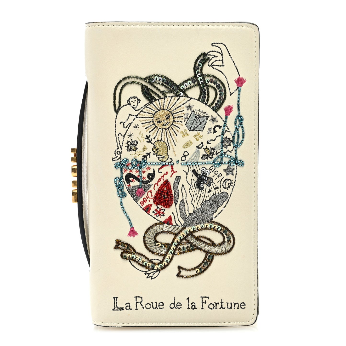 Lambskin Embroidered La Roue De La Fortune Tarot Pouch Clutch White