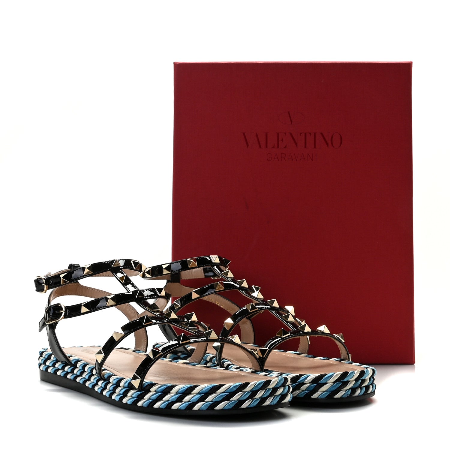 Valentino Garavani Patent Rockstud Torchon Espadrille Caged 30mm Flat Sandals 39 Black 12 of 12