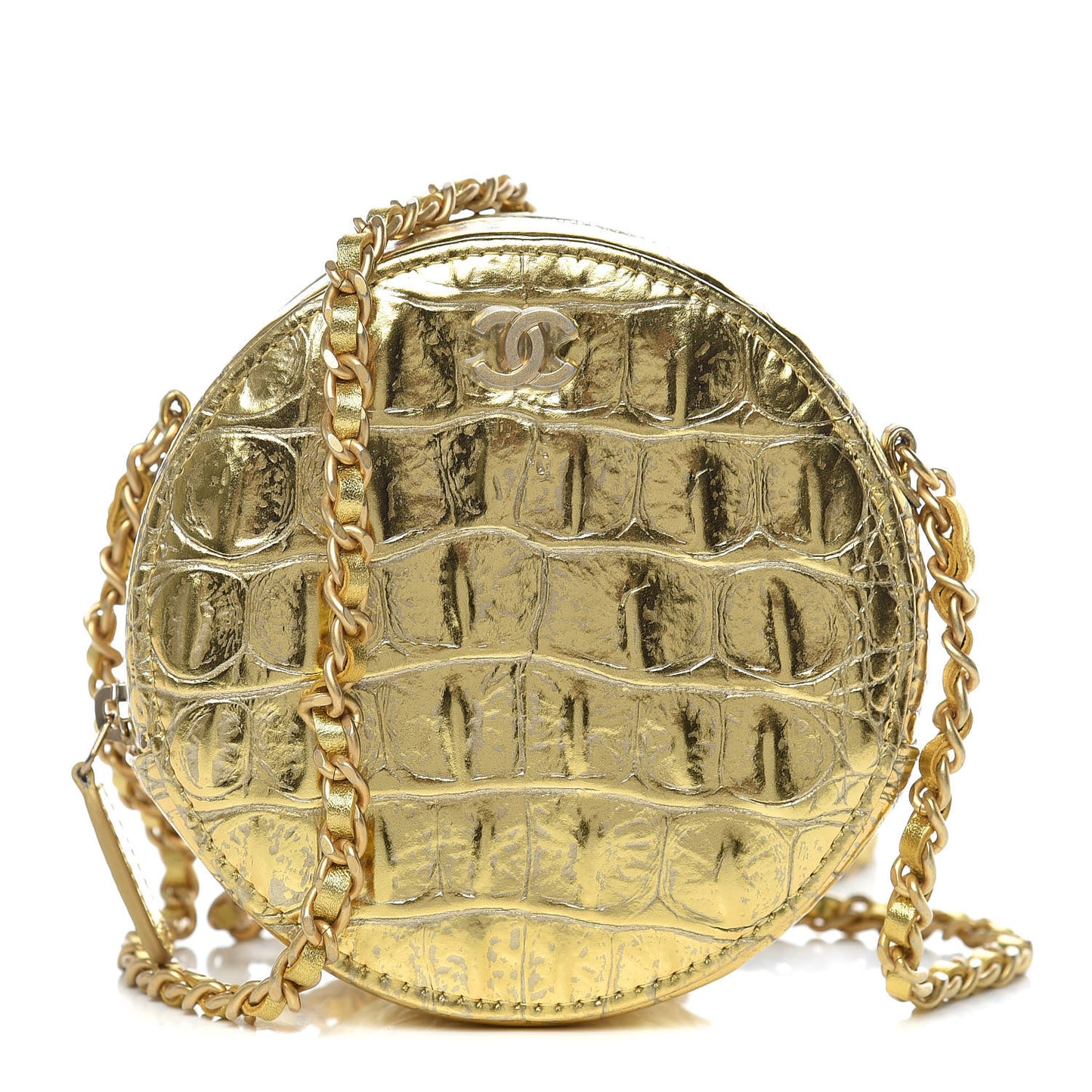Metallic Calfskin Crocodile Embossed Cocodile Round Clutch with Chain Gold