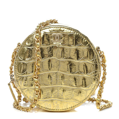 Chanel Metallic Calfskin Crocodile Embossed Cocodile Round Clutch with Chain Gold 1 of 10