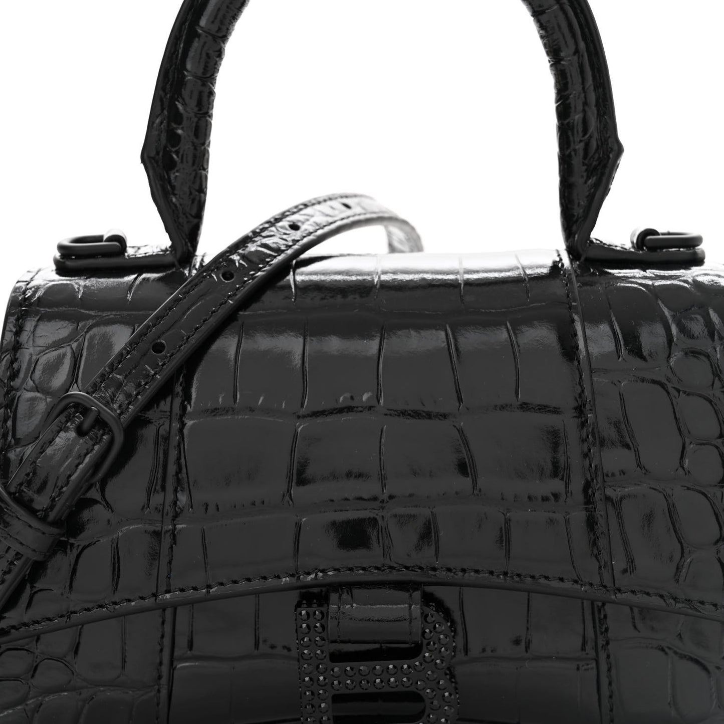 Shiny Calfskin Strass Monochrome Crocodile Embossed Hourglass Top Handle Bag XS Black